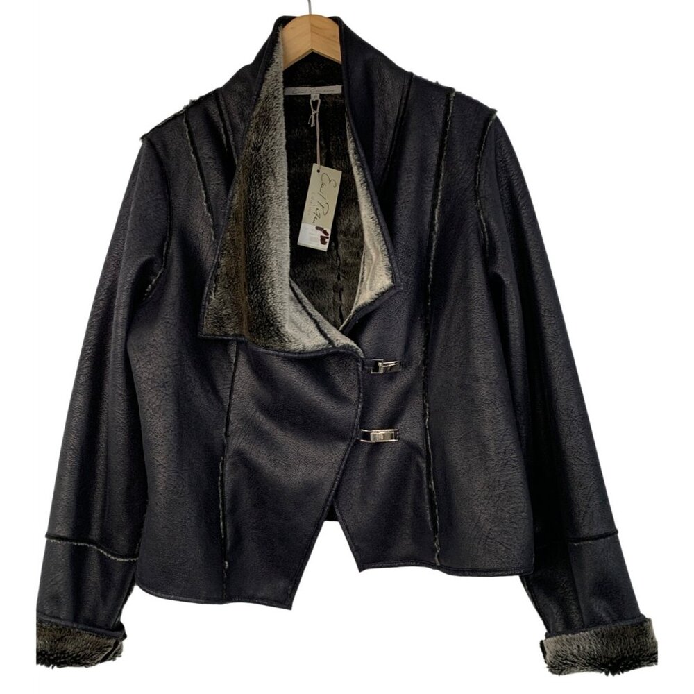 Emil Rutenberg Black Faux Leather Plush Lined Slouchy Asym  Jacket Size 10 8718